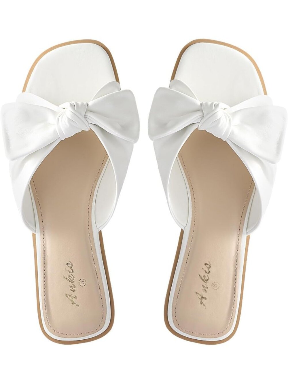 🆕Women's White Bow Flat Sandals Square Open Toe Dressy Comfortable Slides